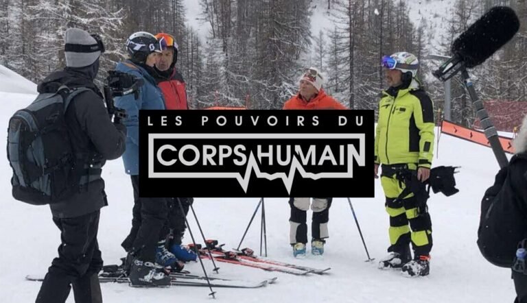 Michel Cymes et Adriana Karembeu essayent le Ski~Mojo à Val d’Isère pour les Pouvoirs Extraordinaires du Corps Humain