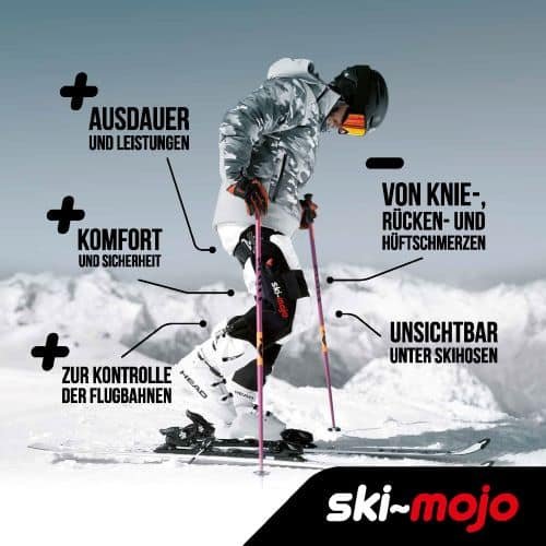 Skifahrer mit dem Ski-Mojo-Exoskelett auf der Piste, mit mehr Ausdauer, Komfort und Kontrolle bei weniger Schmerzen