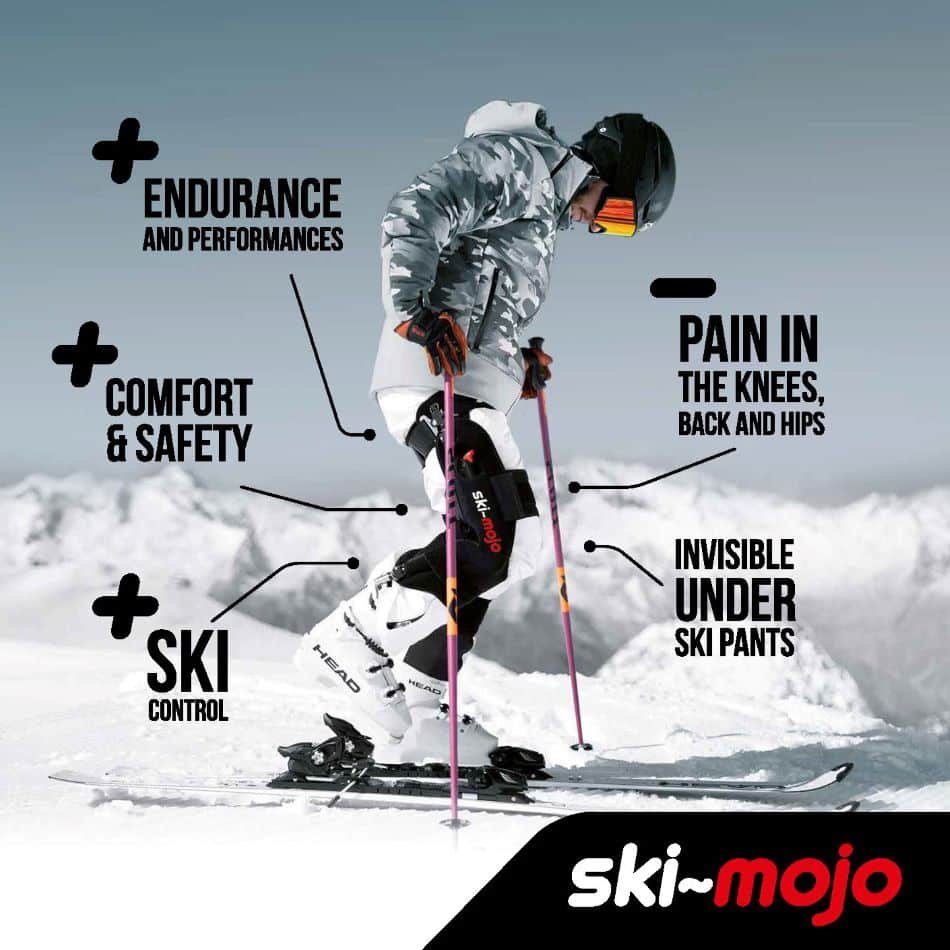 Skier with Ski-Mojo exoskeleton on the slopes, gaining endurance, comfort and control while reducing pain.