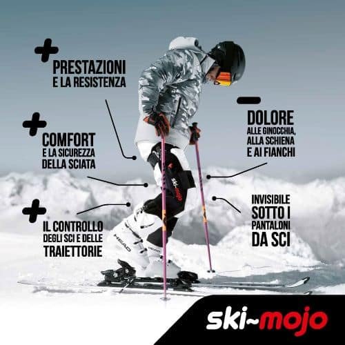 Sciatore con l’esoscheletro Ski-Mojo sulle piste, più resistenza, comfort e controllo con meno dolori.