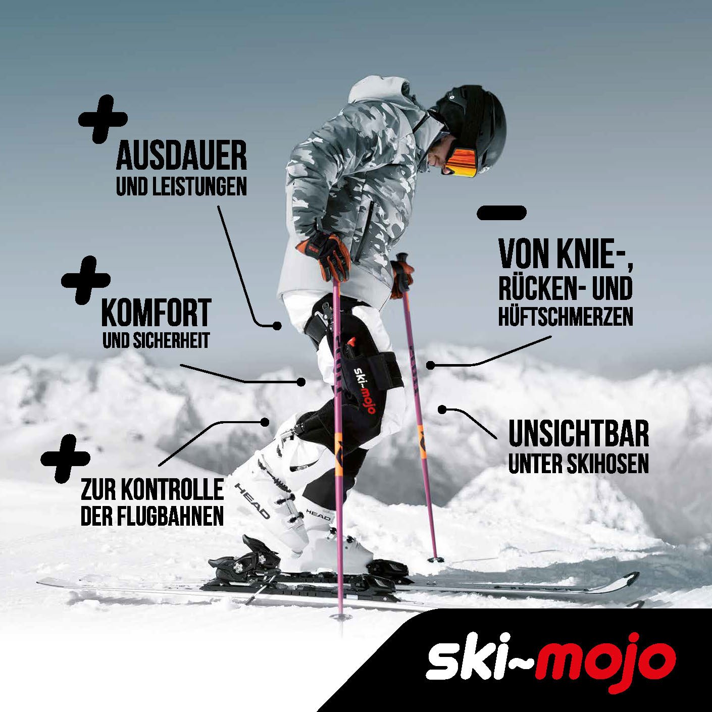 Ski~Mojo, Skiexoskelett, entlastet Knie, Hüften und Rücken, steigert die Ausdauer